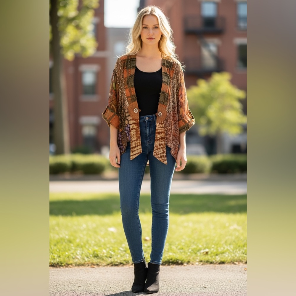 Mixed fabric top, dress up/down, great for travel, versatile